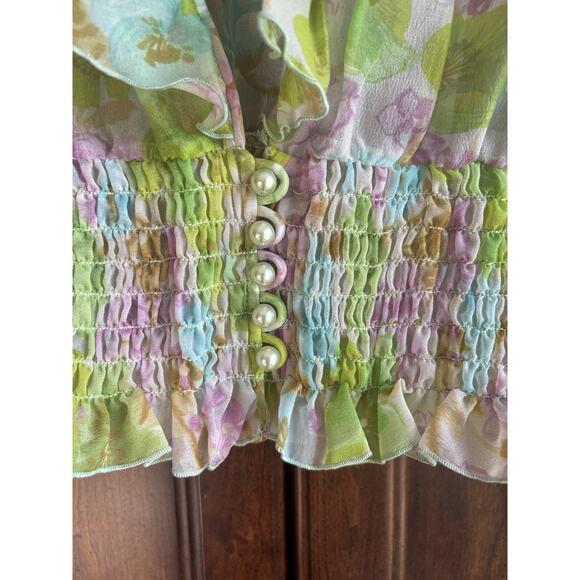 Vintage Y2K Fairy Top S Floral Pastel Crop Blouse Sheer Long Sleeve Boho Cottage - Picture 3 of 8